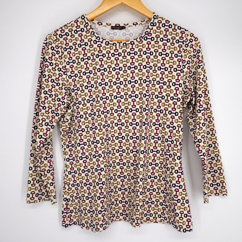 J McLaughlin Catalina Cloth Top Womens M Equestrian Horse Bit 3/4 Sleeve Preppy